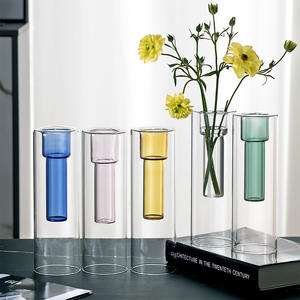 Vase en verre soufflé à la main à double paroi Art déco pièce maîtresse Arrangement de fleurs décoration de la maison bouteille hydroponique - Product Image 2