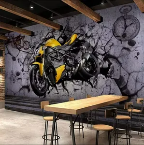 Özel duvar 3D stereoskopik sarı motosiklet kırık duvar resmi dekor oturma odası restoran Cafe arka plan kağıdı