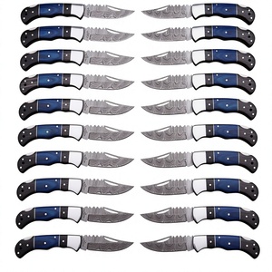 Damascus Steel Folding Knife With Blue Handle And Leather Sheath Straight Edge <b>Drop</b> Point Blade Thumb Knob Design - Product Image 4