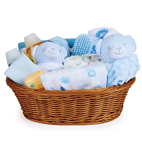 Baby Boy Gift Basket Hamper with Baby Clothes, Newborn Essentials, Baby Blanket