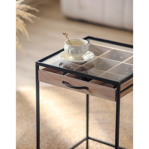 Tavolini Quadrati in Metallo e <span class=keywords><strong>Legno</strong></span>, Tavolino da Caffè di Lusso con Piano in Vetro - Product Image 4