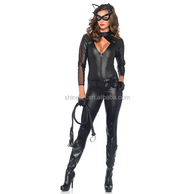 Großhandel Frauen Feline Black Catsuit Halloween Cosplay Jumps uit Sexy Leder Catwoman Kostüm Luxus Polybag MSDS Kunstleder