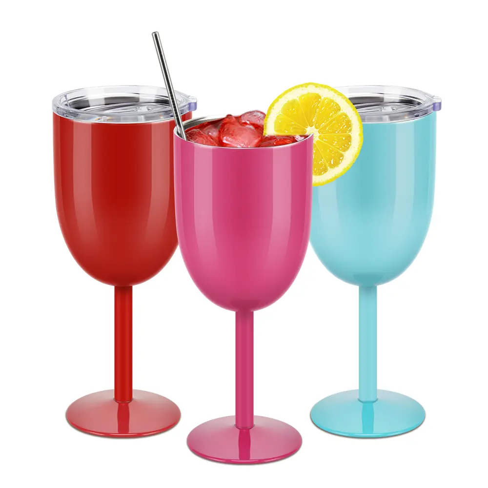 10oz unbreakable double wall stainless steel insulated metal goblet wine glass tumbler cups