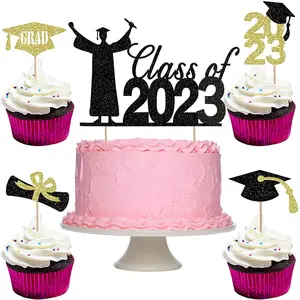 Class Of 2024 Graduation Party Cupcake Topper Glitter Paper Doctorial Hat CONGRATS GRAD Cake Decorations