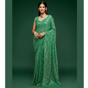 Joli saree en georgette à paillettes vert menthe - Product Image 1