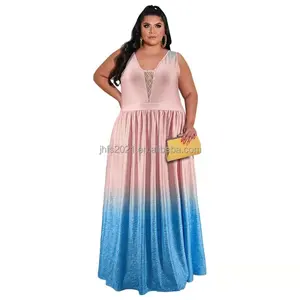 J&H fashion 5XL Plus Size Women Summer Dress 2022 Ombre Sleeveless U Neck Corset Top Long Flowy Dress Pleated Gradient Skirt