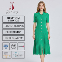 Gaun Rajut Hijau Elegan Joydressing untuk Wanita, Kerah Polo Kancing Depan, Gaun Rajut Midi Bergaris, Grosir Vendor Kustom