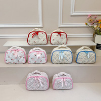 Trousse de Maquillage Matelassée en Polyester à Motif Floral et Fruité Kawaii, Portable, avec Double Fermeture Éclair et Rubans, Grande Capacité pour Voyage
