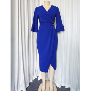 ชุดเดรสทำงานสำหรับผู้หญิงออฟฟิศ,ชุดกระโปรงจีบคอวีเอวสูงสีฟ้า - Product Image 2