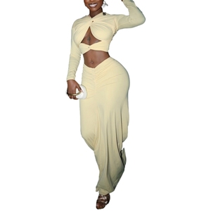 New Fashion Solid Color <b>Sexy</b> Cutout Long Sleeve Ruched Bodycon Two-Piece <b>Set</b> for Women Fashion - Product Image 2