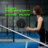 Système d'éclairage LED professionnel conforme FIP pour terrains de padel, pickleball et badminton, avec support de construction expert.