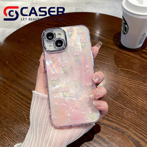 Custodia per telefono cellulare con pellicola di lusso colorata a conchiglia lucida per iPhone 15 e 14 simpatici tulipani con Design a forma di tulipano - Product Image 6