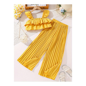 Set Casual estivo in due pezzi per ragazze Top con cinturino in pizzo corto e centinaia di <span class=keywords><strong>pantaloni</strong></span> a pieghe modello solido per bambini grandi - Product Image 1