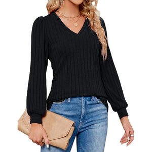 Suéter de cuello en V para mujer, jersey de punto acanalado de manga larga, top informal de otoño, transpirable y ligero, 16 Gg - Product Image 1