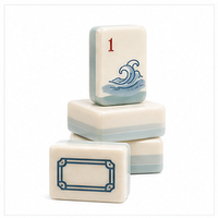 Fichas de Mahjong de Acrílico de Doble Capa, Tema de Olas Oceánicas, Reverso Verde Espuma de Mar, Diseño de Olas Tradicional, Acabado Brillante