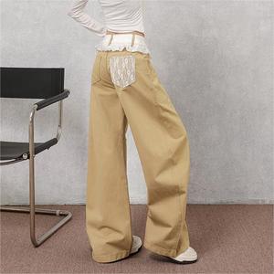 Phụ nữ mùa thu 2025 kaki chân rộng kaki cao ren-up DENIM THÊU thẳng giảm béo cong HEM tùy chỉnh đơn đặt hàng thoải mái phù hợp - Product Image 5