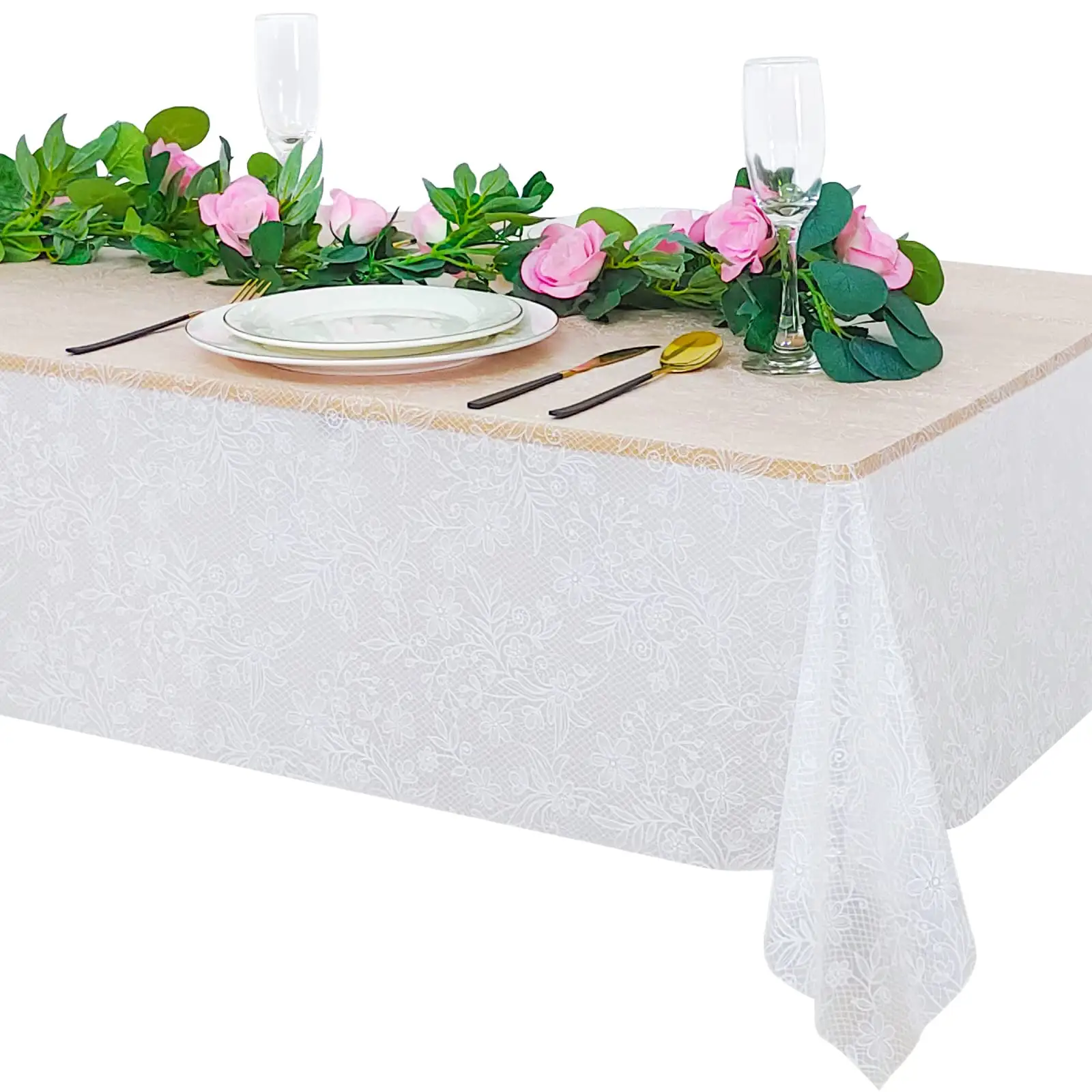 Cubierta de mesa impermeable desechable personalizada de PEVA, mantel de encaje, decoración de recepción nupcial, plástico Rectangular para fiesta de boda