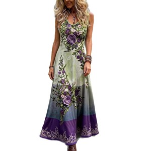 Abito Lungo Plus Size Boho con Stampa Floreale, Senza Maniche, Colore Sfumato, Scollo a V, <span class=keywords><strong>Vestito</strong></span> Estivo Casual Fluido per Donne - Product Image 3