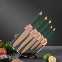 Ensemble de couteaux de chef GOODA en acier inoxydable rose doré, 6 pièces, avec bloc en acrylique, manches ambidextres, ensemble de couteaux de cuisine durables pour la maison