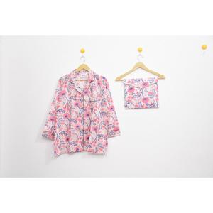 Conjunto de Pijama para Mujer con Estampado Artesanal Verde, Cuello Camisero, Manga Tres Cuartos, Cierre de Botones, Ropa de Dormir, Ropa de Estar por Casa para Verano - Product Image 2