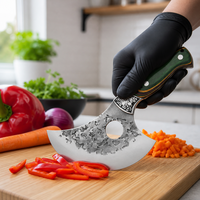 Couteau Ulu serbe à lame en acier martelé en forme d'éventail, manche en bois vert forêt, étui en cuir, pour la préparation des aliments