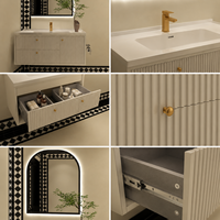 Meuble-lavabo mural de luxe moderne cannelé avec vasque et miroir LED pour projets hôteliers et d'appartements