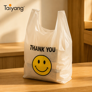 ถุงพลาสติกใสแบบเสื้อยืด HDPE ยี่ห้อ Taiyang พิมพ์ลายหน้ายิ้มขอบคุณ สำหรับใส่สินค้า - Product Image 1
