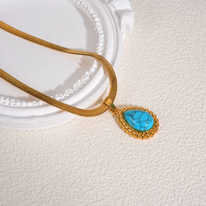 Collar de Lujo con Turquesa en Forma de Gota de Agua para Mujer, Acero Inoxidable 304, Chapado al Vacío, Cadena con Colgante, Cadena Cruzada, Oro Real de 18K - Product Image 5