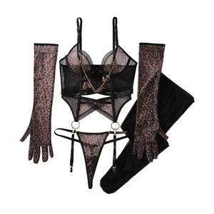 Ensemble de lingerie imprimé léopard, push-up, ajouré, en dentelle et résille transparente, avec décorations chaînes, pour soirée sauvage - Product Image 6