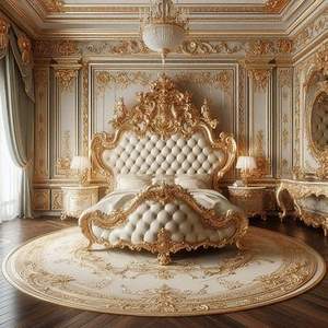 Lit en bois capitonné à boutons au design unique avec gravure classique, mobilier de chambre à coucher de luxe antique - Product Image 1