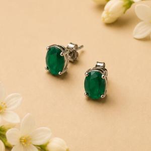Manufacturer 925 Sterling Silver <b>Emerald</b> Oval Solitaire <b>Stud</b> Earrings for Women - Product Image 1