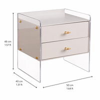 Table de chevet moderne en acrylique avec cadre en acier inoxydable et détails en acrylique, finition ivoire blanc, panneau E1, fournisseur de mobilier hôtelier