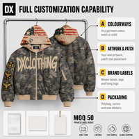 Blouson Bomber à Capuche Camouflage Foncé Personnalisé 500 g/m² avec Logo Stencil Pulvérisé, Broderie Bouclier Tactique, Bordure Côtelée, Vêtement d'Extérieur Streetwear OEM ODM