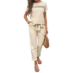 Pantaloni Casual a manica corta di colore puro cotone e <span class=keywords><strong>lino</strong></span> da donna vestito estivo moda calda t-shirt vestito nuovo 2025 - Product Image 6