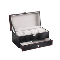Boîte à montres en fibre de carbone PU, 4 emplacements, double couche, avec tiroir, boîte de rangement de luxe pour montres, organiseur de présentation de montres