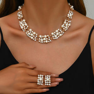 New Exquisite High Quality Gold Toned Statement Jewelry Multi Strand <b>Pearl</b> Crystal <b>Necklace</b> <b>Earring</b> <b>Set</b> for Special Events - Product Image 2