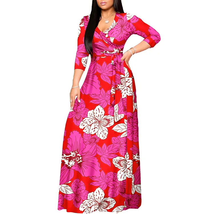 Plus Size Maxi Dress for Women Casual Summer Sundress V-Neck 3/4 Sleeve Floor Length Dress with Belt