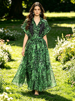 Robe longue mi-mollet imprimé léopard pour femme, col à revers, manches courtes, broderie dentelle, ceinture, volants étagés, pour l'été, les fêtes et la plage