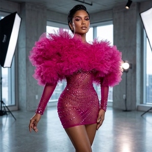 <span class=keywords><strong>Vestido</strong></span> Mini de Malla Rosa Intenso con Pedrería Estilo Barbiecore, Atuendo de Escenario con Hombros de Tul 3D, <span class=keywords><strong>Vestido</strong></span> de Actuación de Estrella Pop para <span class=keywords><strong>Drag</strong></span> <span class=keywords><strong>Queen</strong></span> Diva - Product Image 1