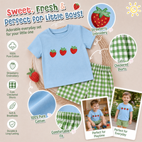 Puresun, fabricant sur mesure, t-shirt en coton 100% avec broderie de fraises, short en gingham, ensemble 2 pièces pour garçons de 2 à 8 ans