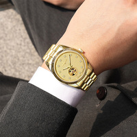 Envío Rápido Reloj Mecánico Automático de Lujo para Hombre Esfera Dorada de 24K 11 Diamantes Genuinos Miyota 82S0 Reloj de Pulsera de 40MM