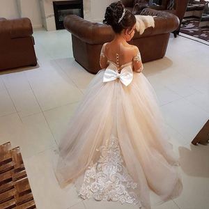 Vestidos de niña de las flores S465A para bodas, con cuello transparente, apliques de encaje y tul - Product Image 4