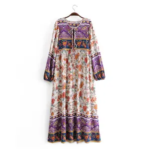 Purple/white color floral print long sleeve rayon dress women vintage casual maxi bohemian dresses