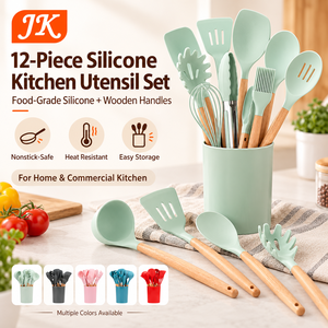 Juego de utensilios de cocina de silicona Jinke de 12 piezas con mango de madera, antiadherentes, ecológicos, espátula, cuchara, batidor y soporte de almacenamiento. - Product Image 1
