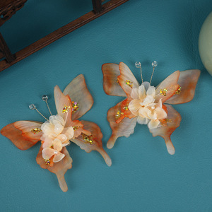 Nouvel accessoire pour cheveux de style chinois traditionnel, design original, fait main, pince à cheveux papillon à fleurs dégradées orange, Hanfu - Product Image 4