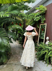 Vestido Midi de Encaje Floral Color Nude, Vestido Midi de Encaje Floral con Cuello Cuadrado, Vestido Tejido de Poliéster Elegante y Femenino - Product Image 3