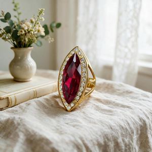Anello Statement con Gemma Simulata a Forma di Marquise, Impermeabile, in Acciaio Inossidabile Placcato Oro, con Cristalli a Corona, Gioiello Vintage per Donna - Product Image 4