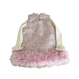 Tongxingyuan Girls Sleeveless Cheongsam Dress Thickened Pink Tulle Hem Winter Fashion Retro Style - Product Image 5