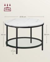 Table basse ronde moderne, étagère de rangement en verre à 2 niveaux, plateau blanc imitation marbre, structure en métal noir, montage facile pour le salon