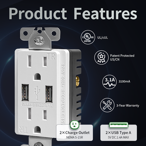 UL 인증 유니버설 소켓 USB 125V 벽면 소켓 USB 포트 15암페어 더블 A 포트 욕실 USB 콘센트 미국 시장용 - Product Image 2